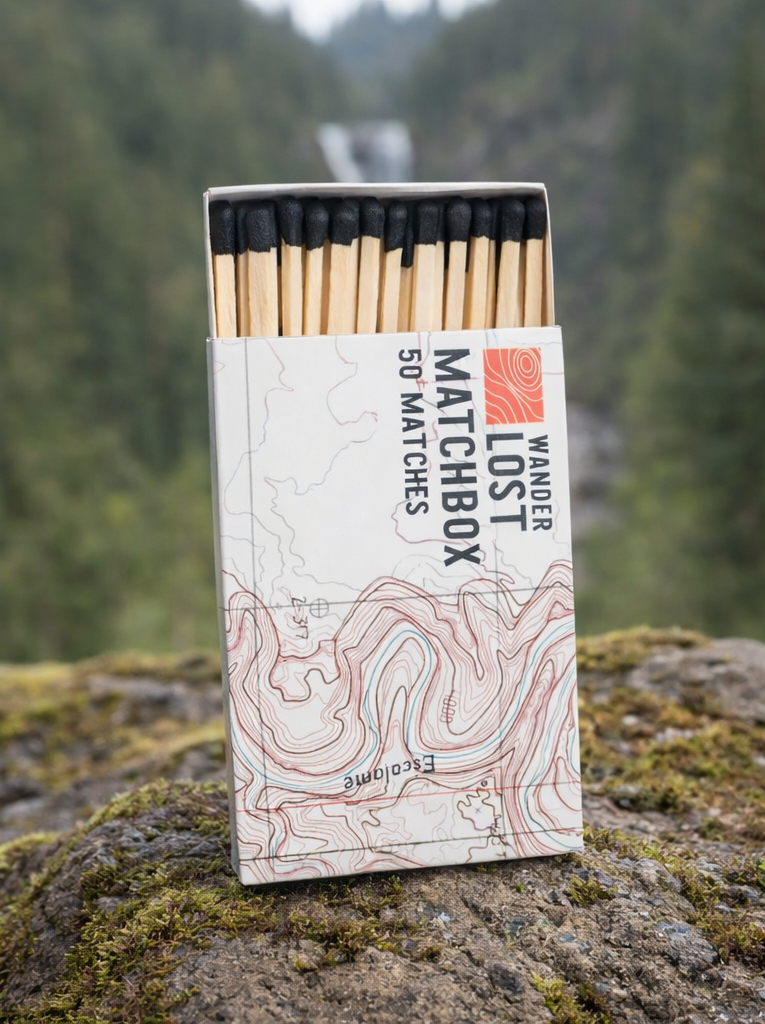 Topographic Matchbox – 50 Extra-Long Matches for Camping, Campfires & Home Decor