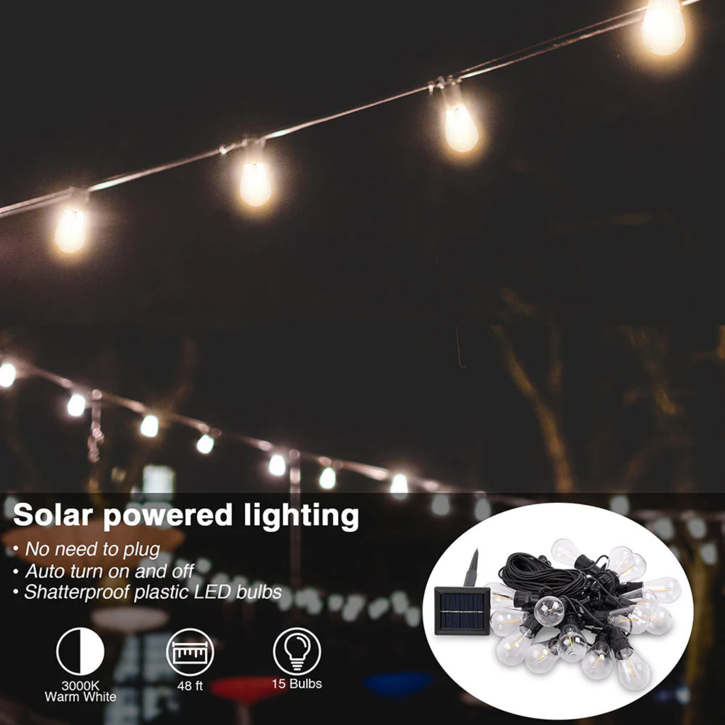 Outdoor Solar String Light Waterproof 15 Bulbs 48ft